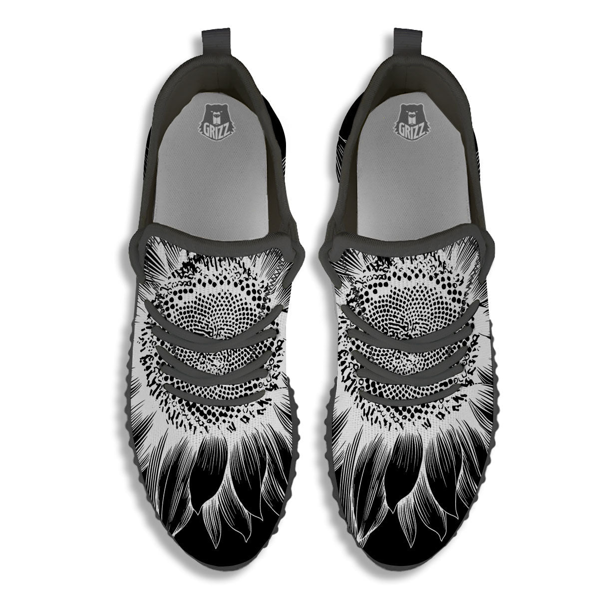 Vintage Sunflower White And Black Print Black Walking Shoes-grizzshop