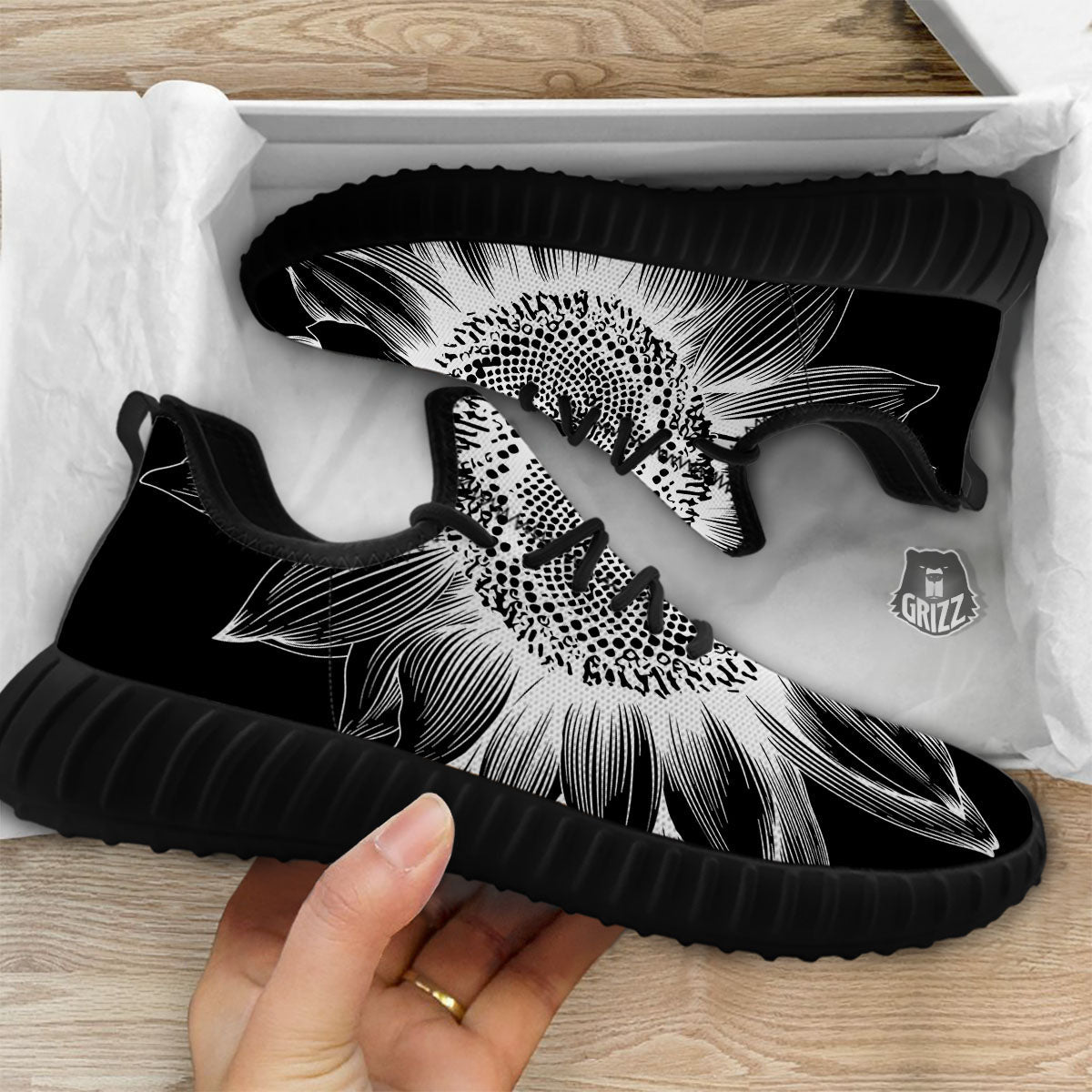 Vintage Sunflower White And Black Print Black Walking Shoes-grizzshop