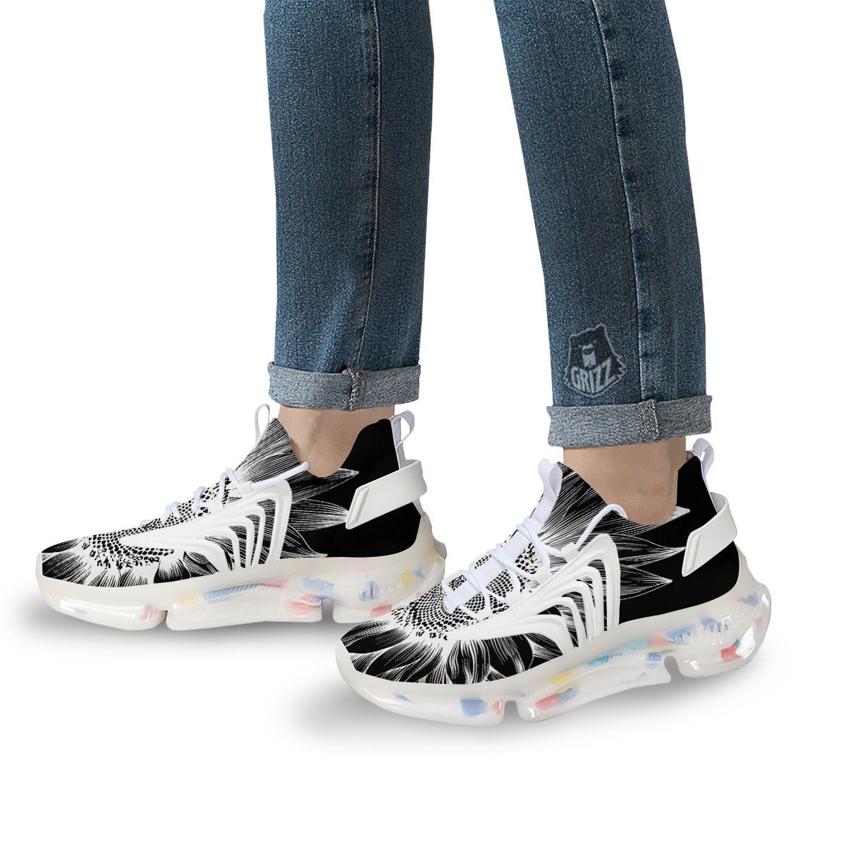 Vintage Sunflower White And Black Print White Gym Shoes-grizzshop
