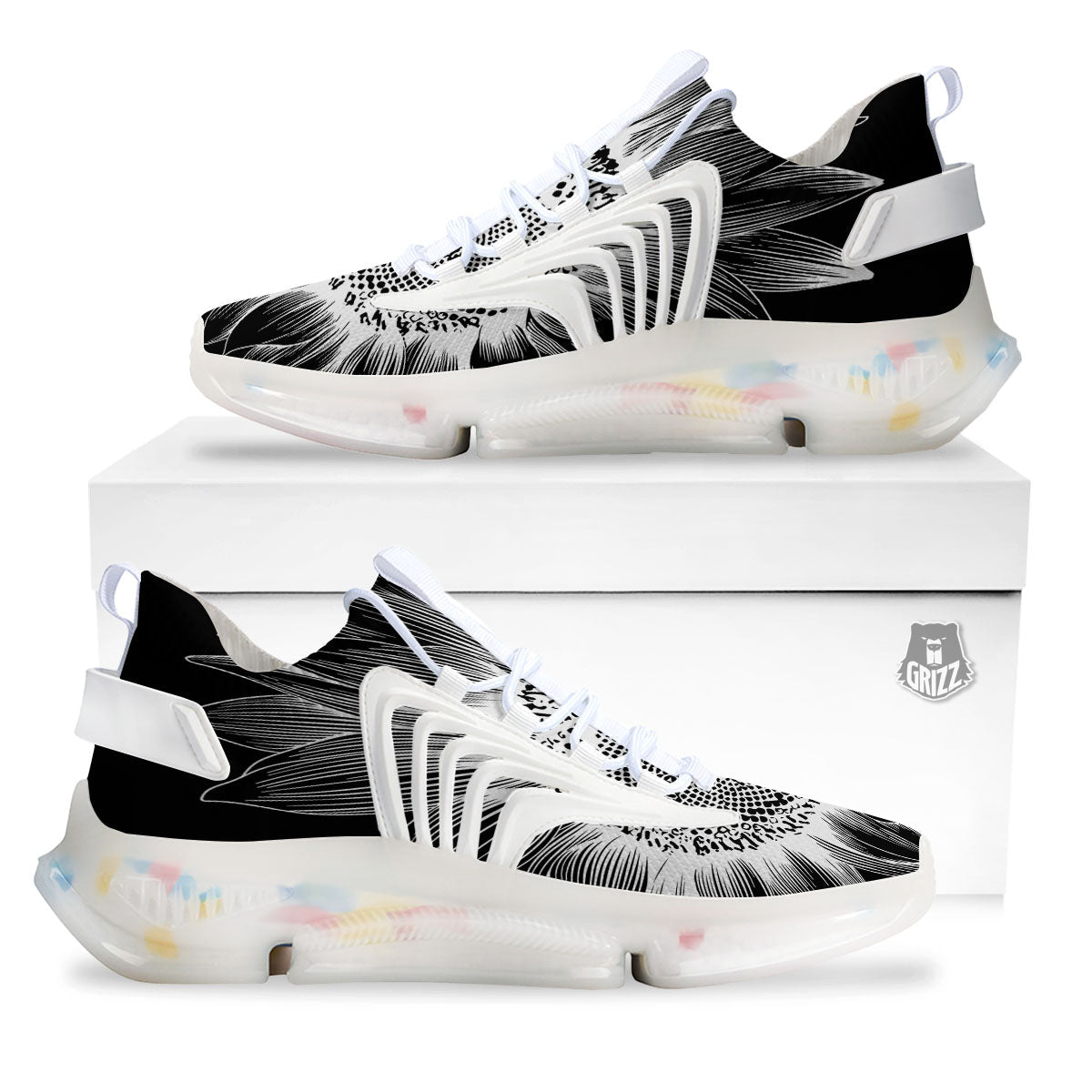 Vintage Sunflower White And Black Print White Gym Shoes-grizzshop