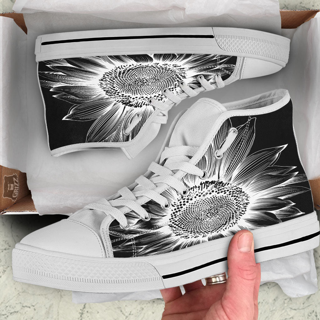 Vintage Sunflower White And Black Print White High Top Shoes-grizzshop