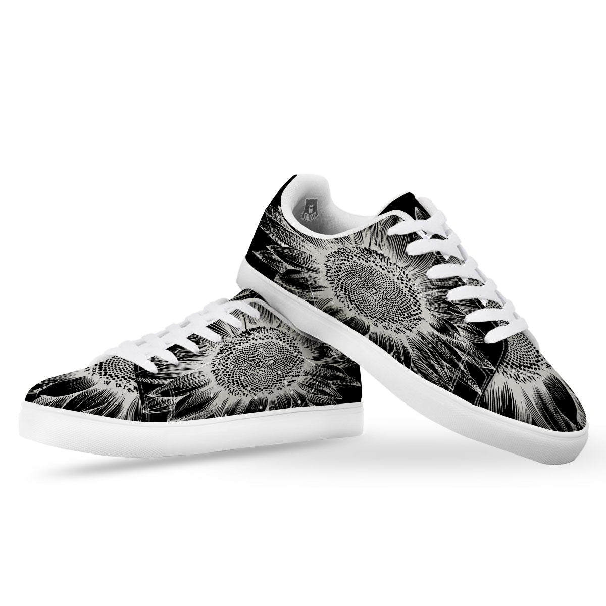 Vintage Sunflower White And Black Print White Low Top Sneakers-grizzshop