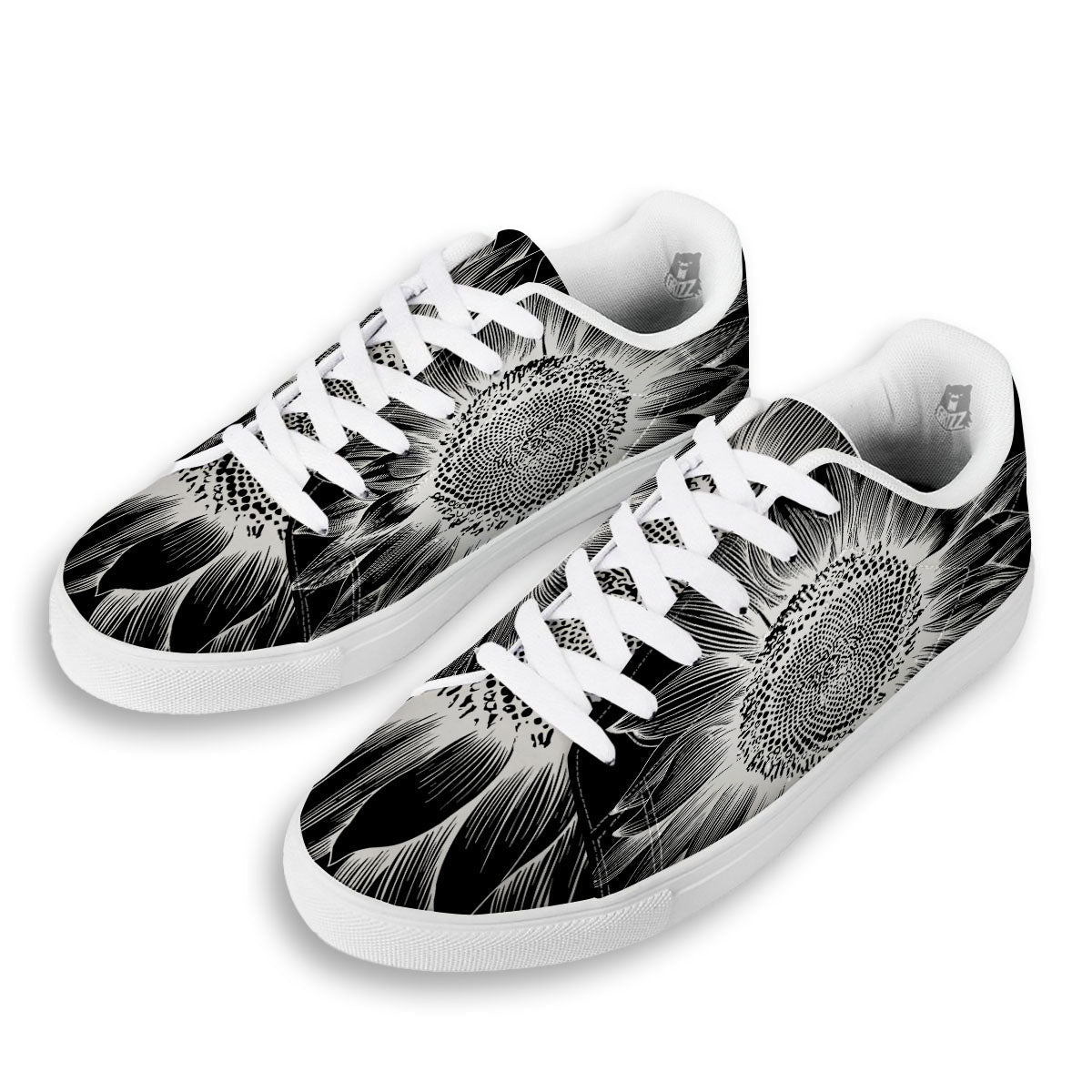 Vintage Sunflower White And Black Print White Low Top Sneakers-grizzshop