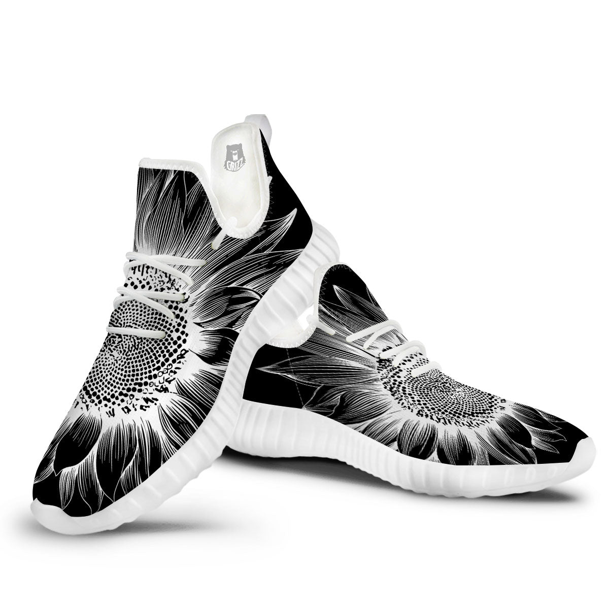 Vintage Sunflower White And Black Print White Walking Shoes-grizzshop