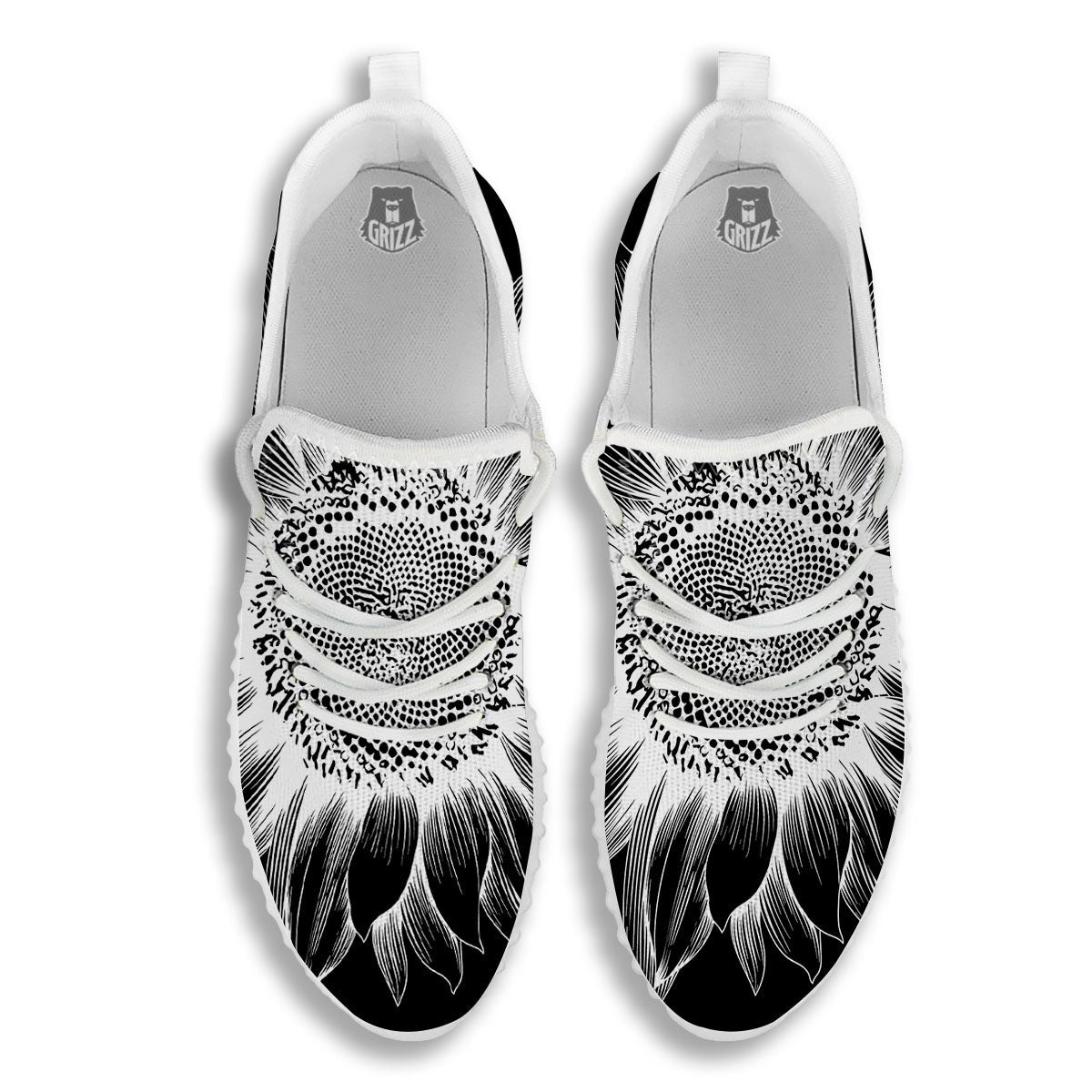 Vintage Sunflower White And Black Print White Walking Shoes-grizzshop