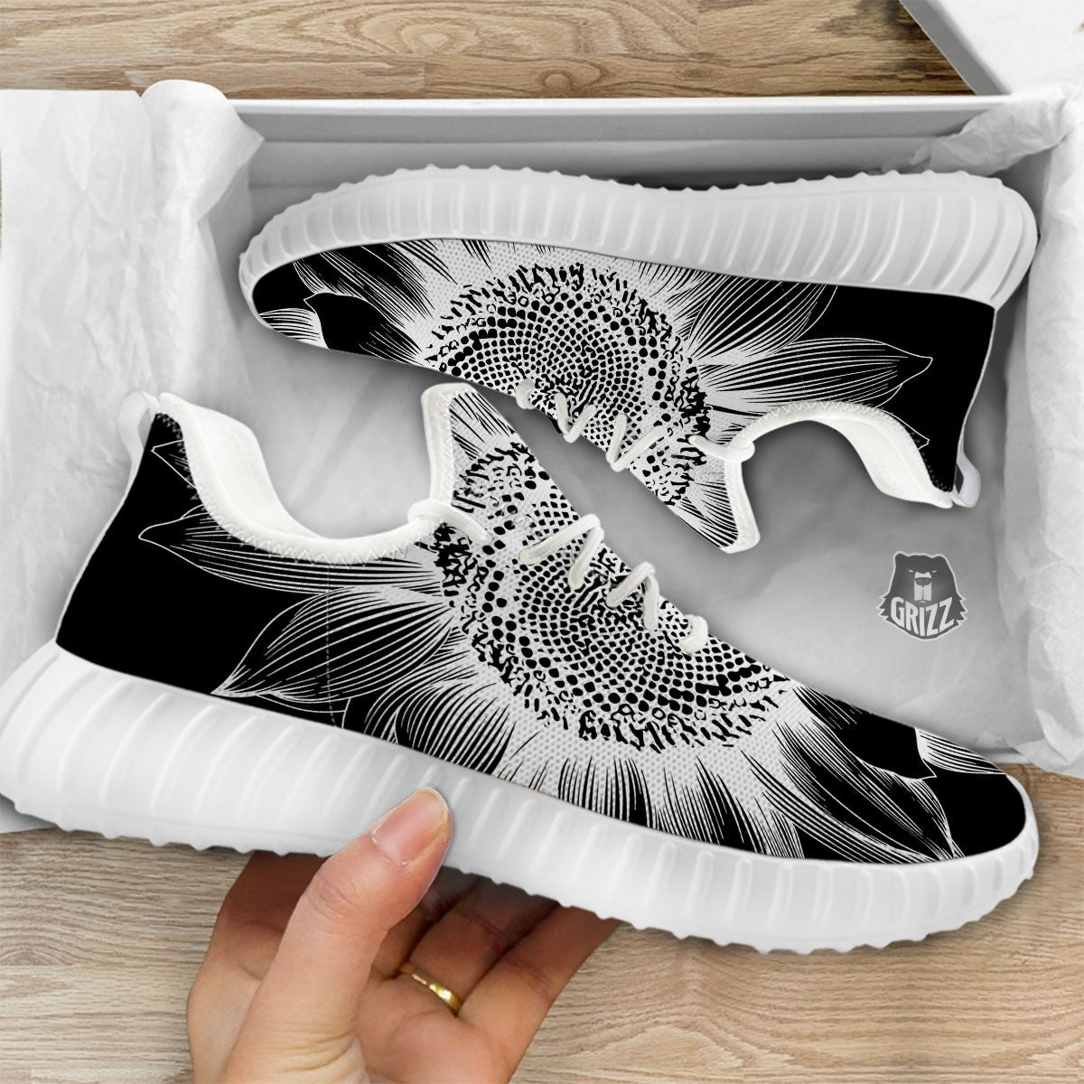 Vintage Sunflower White And Black Print White Walking Shoes-grizzshop