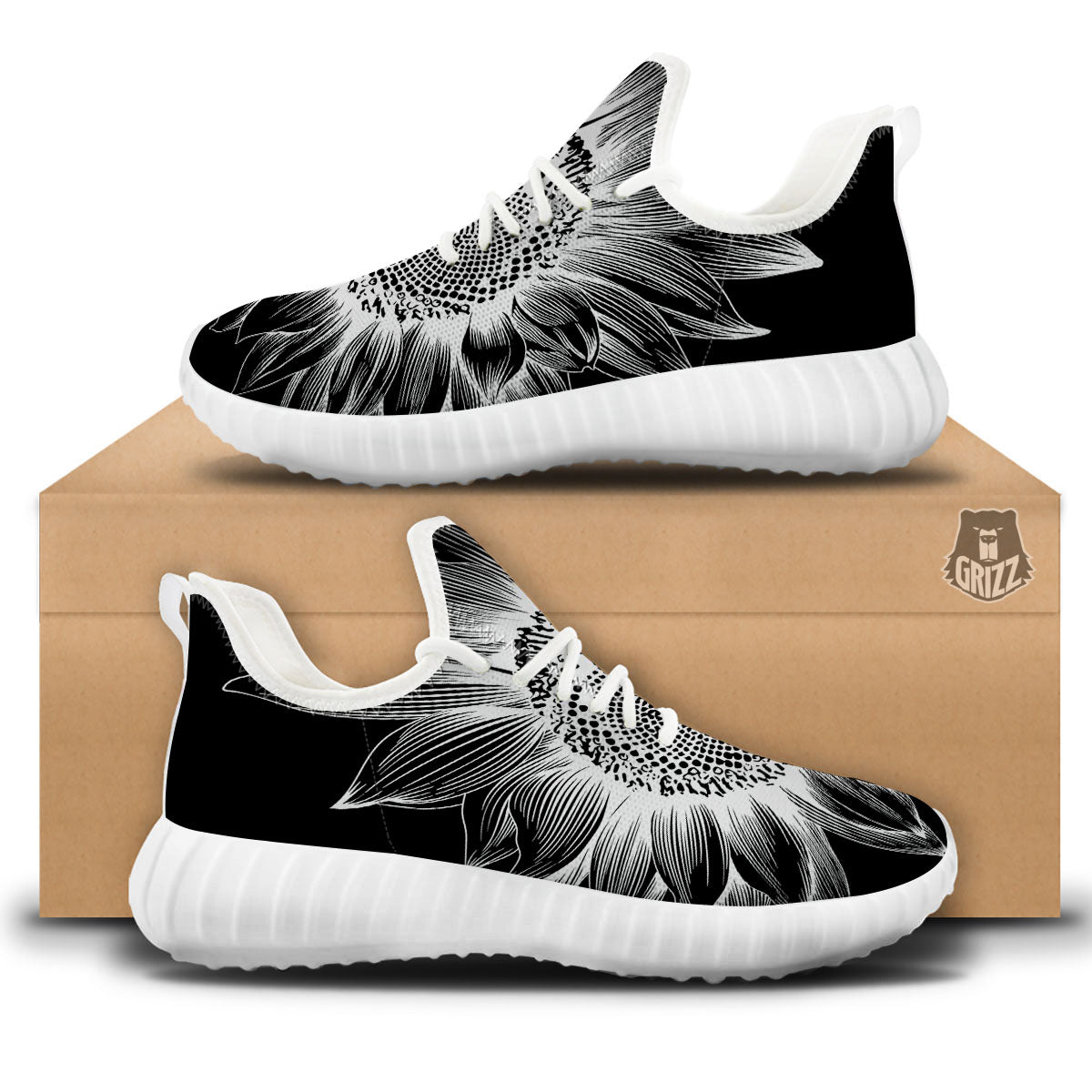 Vintage Sunflower White And Black Print White Walking Shoes-grizzshop