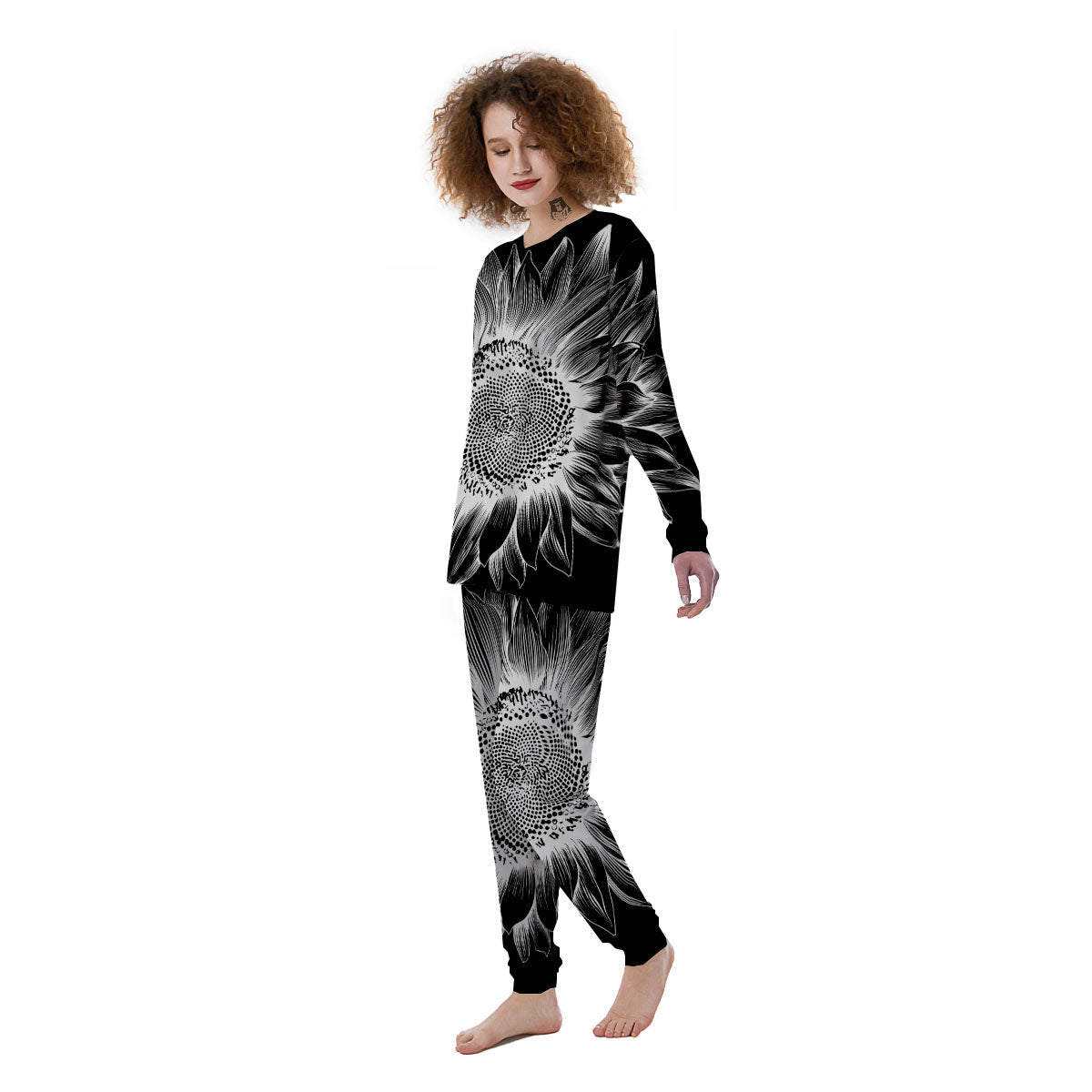 Vintage Sunflower White And Black Print Women's Pajamas-grizzshop