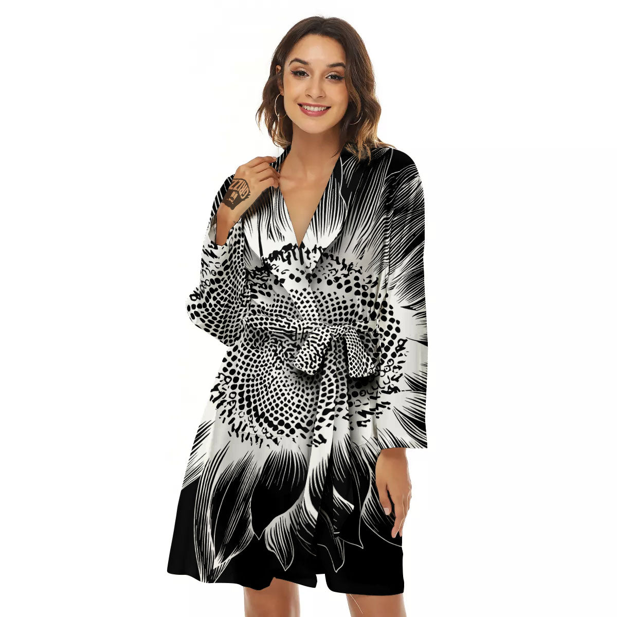 Vintage Sunflower White And Black Print Women's Robe-grizzshop