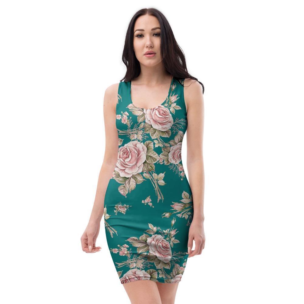 Vintage Watercolor Pink Rose Flower Print Bodycon Dress-grizzshop