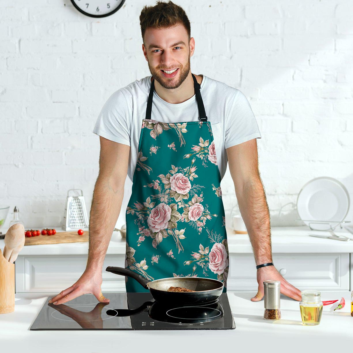 Vintage Watercolor Pink Rose Flower Print Men's Apron-grizzshop