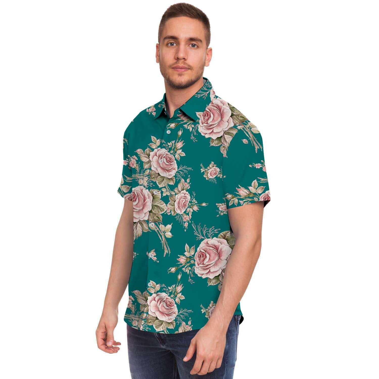 Vintage Watercolor Pink Rose Flower Print Men's Short Sleeve Shirt-grizzshop