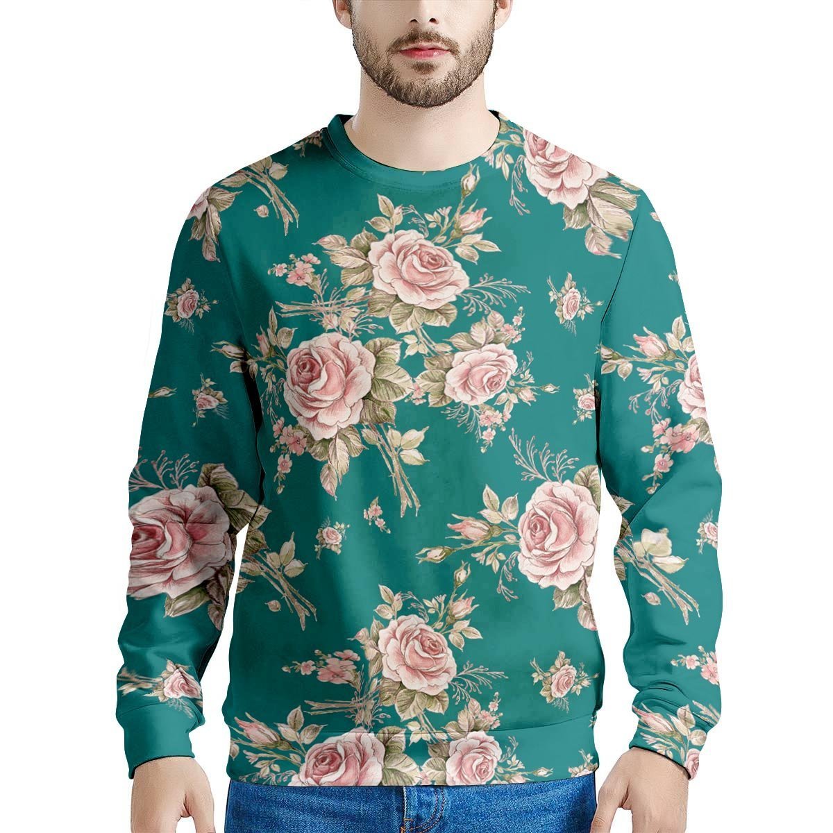 Vintage Watercolor Pink Rose Flower Print Men's Sweatshirt-grizzshop