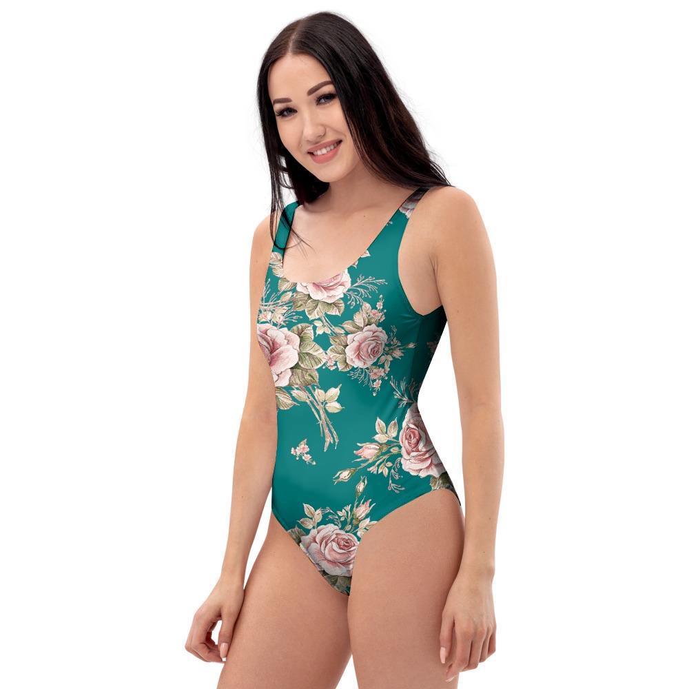 Vintage Watercolor Pink Rose Flower Print One Piece Swimsuite-grizzshop