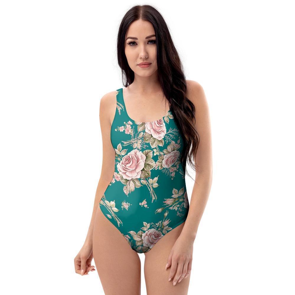 Vintage Watercolor Pink Rose Flower Print One Piece Swimsuite-grizzshop