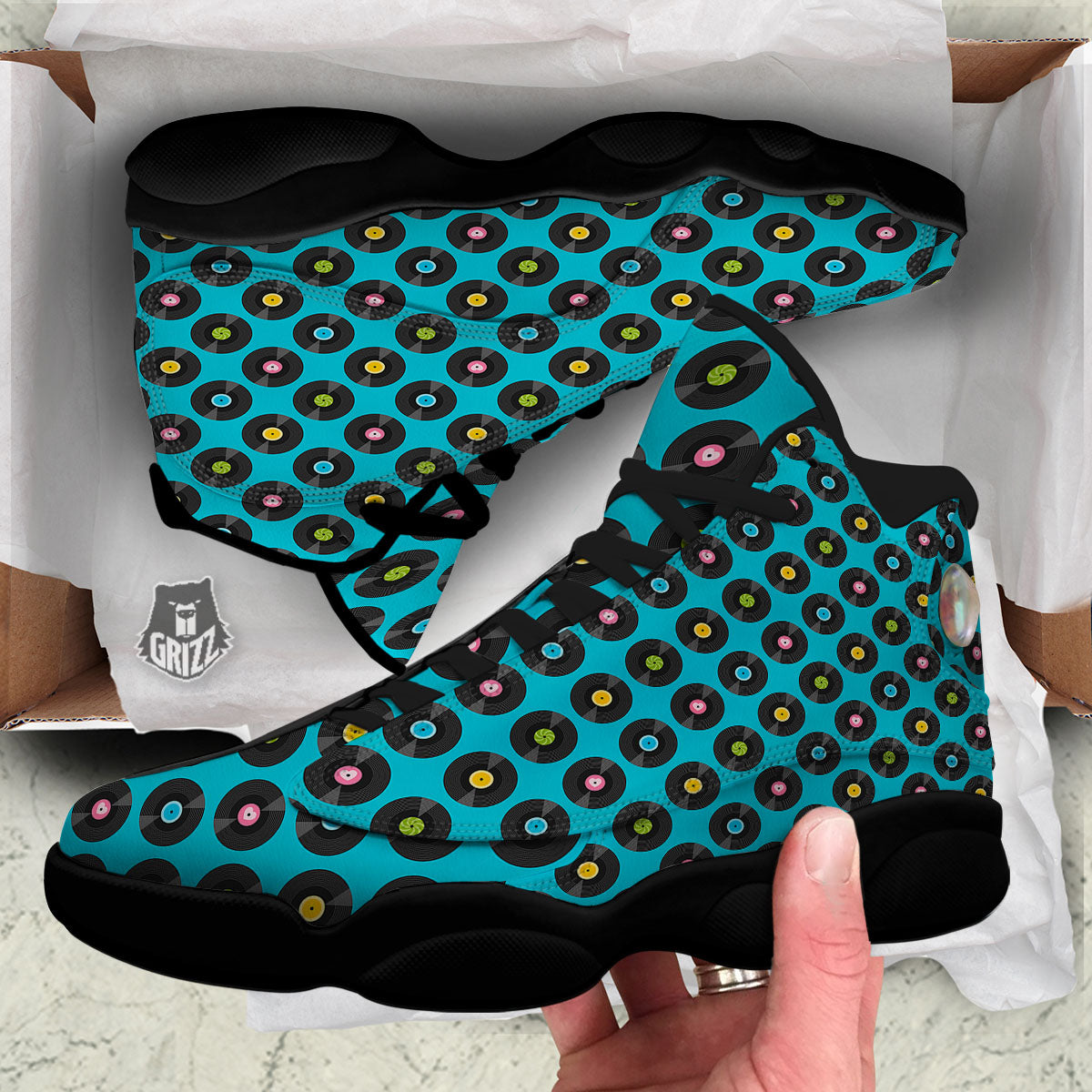 Vinyl Record Blue Print Pattern Black Basketball Shoes-grizzshop