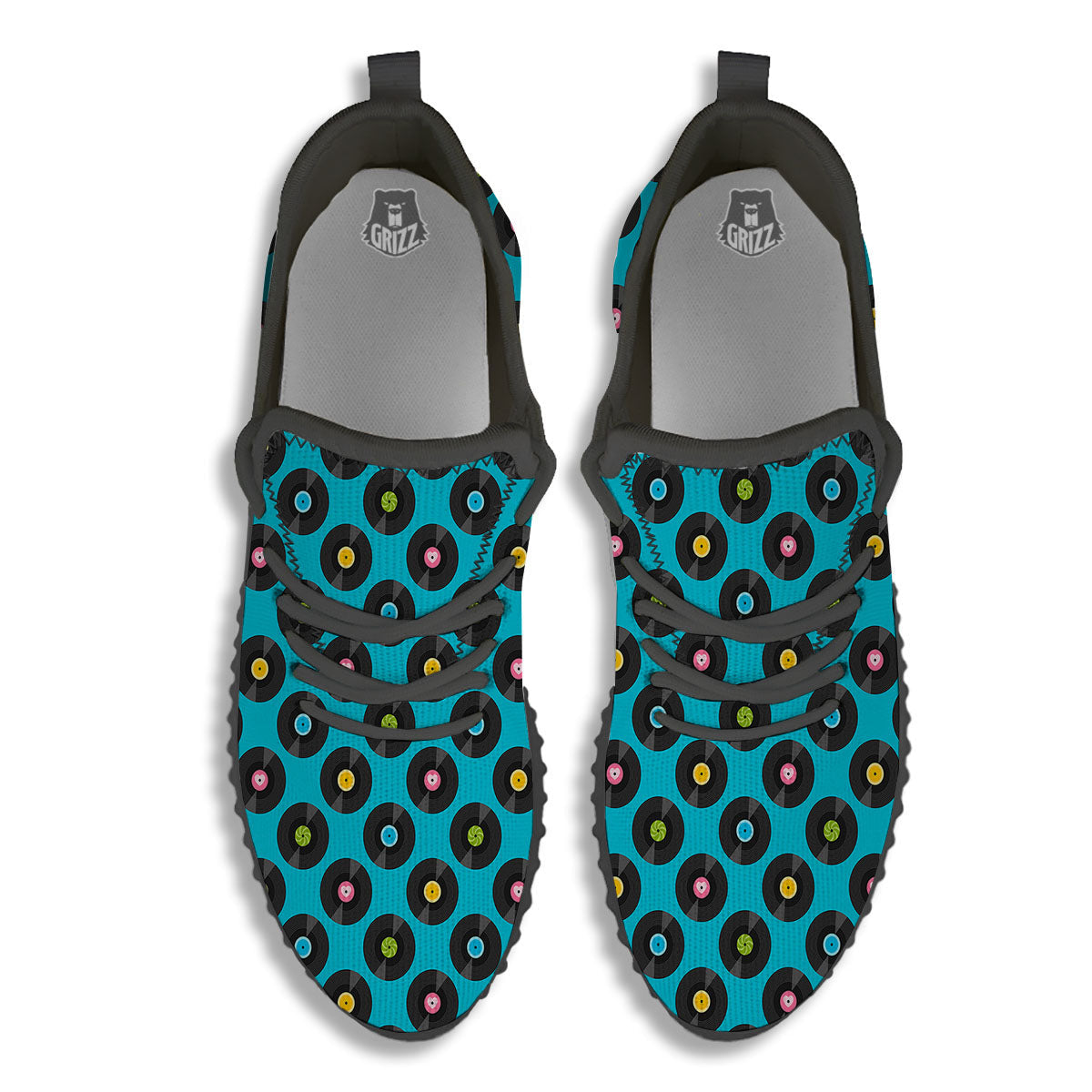 Vinyl Record Blue Print Pattern Black Walking Shoes-grizzshop
