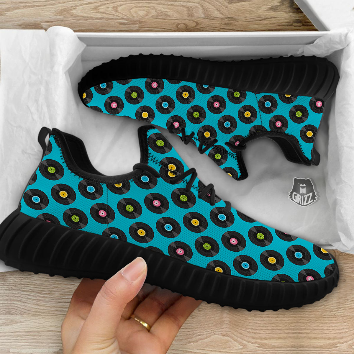 Vinyl Record Blue Print Pattern Black Walking Shoes-grizzshop