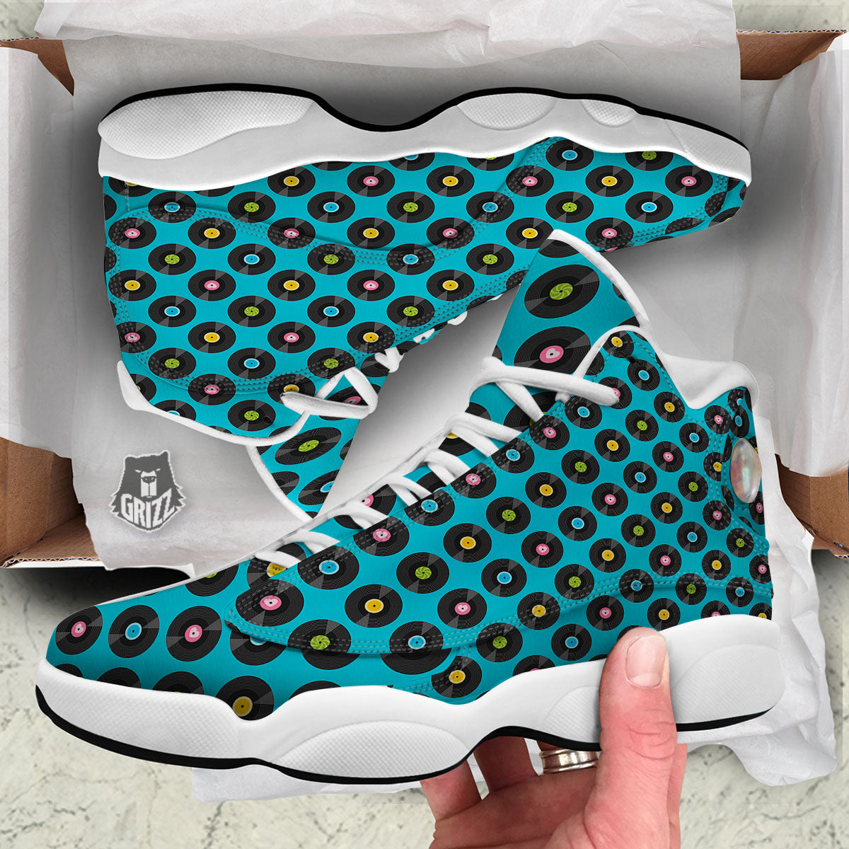 Vinyl Record Blue Print Pattern White Basketball Shoes-grizzshop