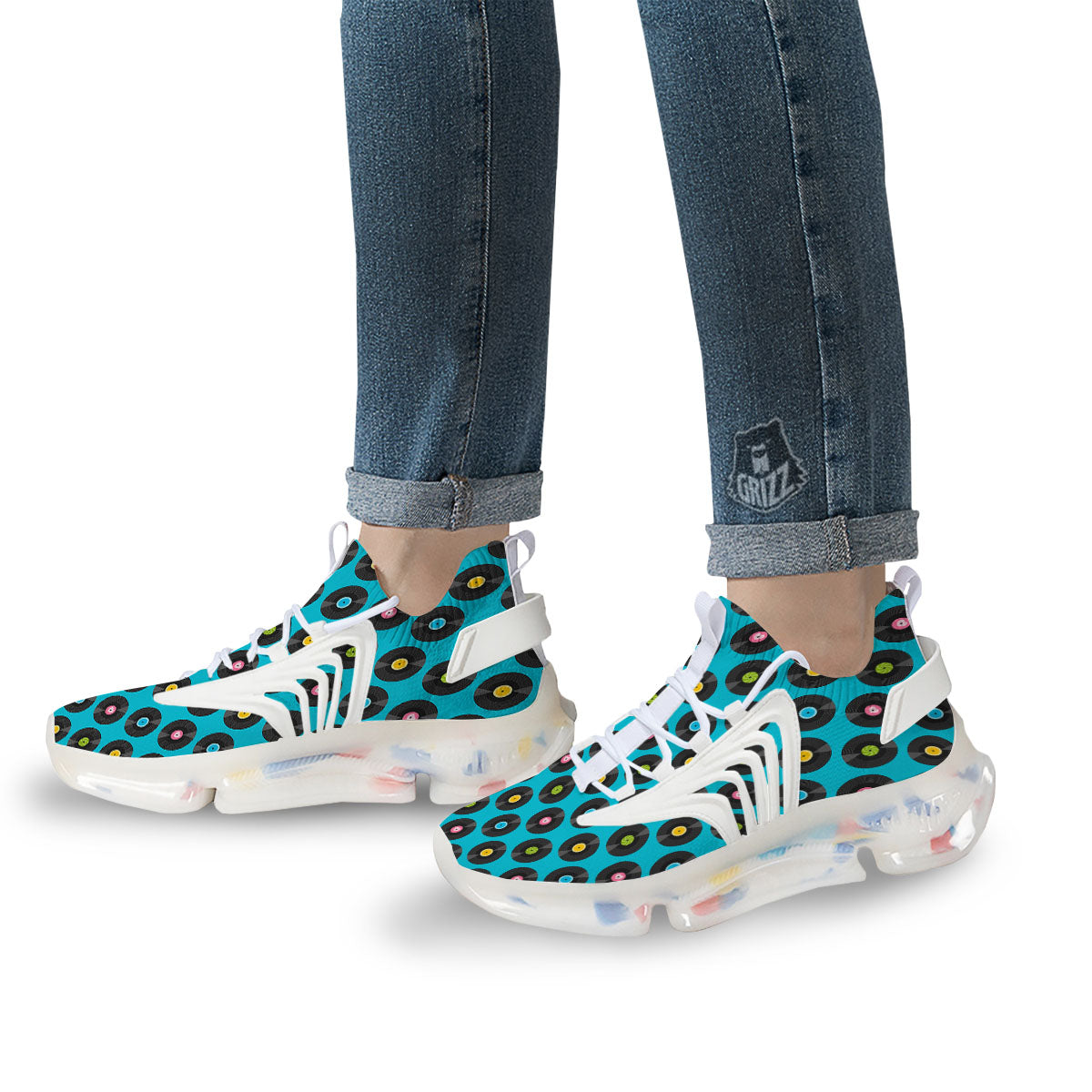Vinyl Record Blue Print Pattern White Gym Shoes-grizzshop