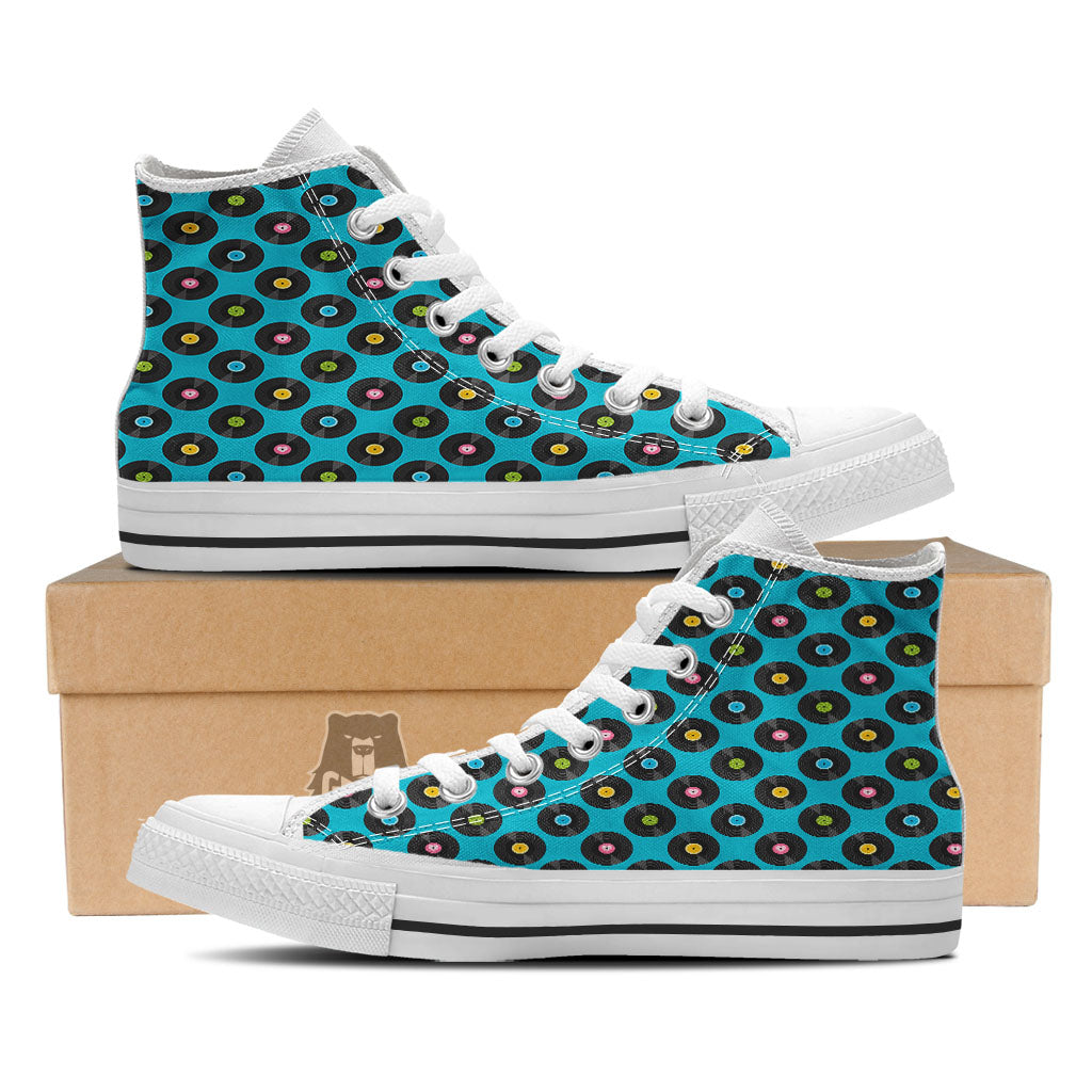 Vinyl Record Blue Print Pattern White High Top Shoes-grizzshop