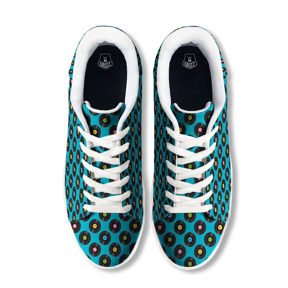 Vinyl Record Blue Print Pattern White Low Top Sneakers-grizzshop