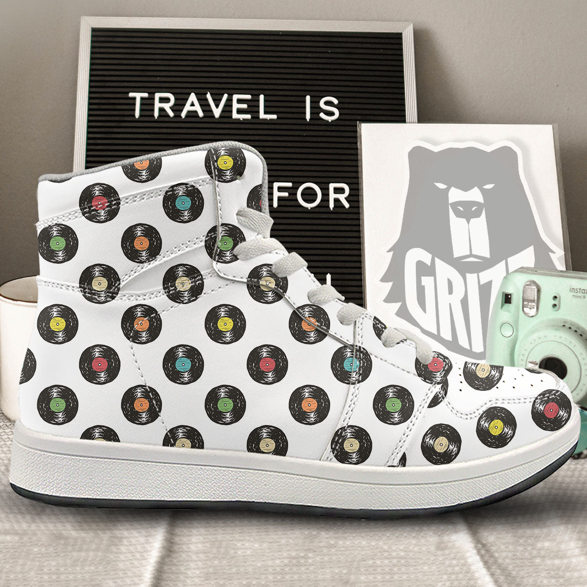 Vinyl Record Hand Drawn Print Pattern High Top Sneakers-grizzshop