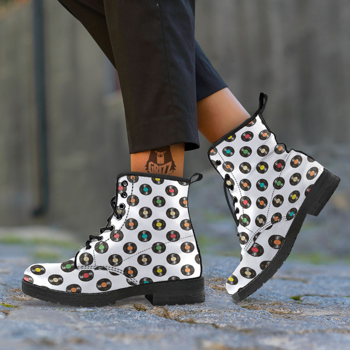Vinyl Record Hand Drawn Print Pattern Leather Boots-grizzshop