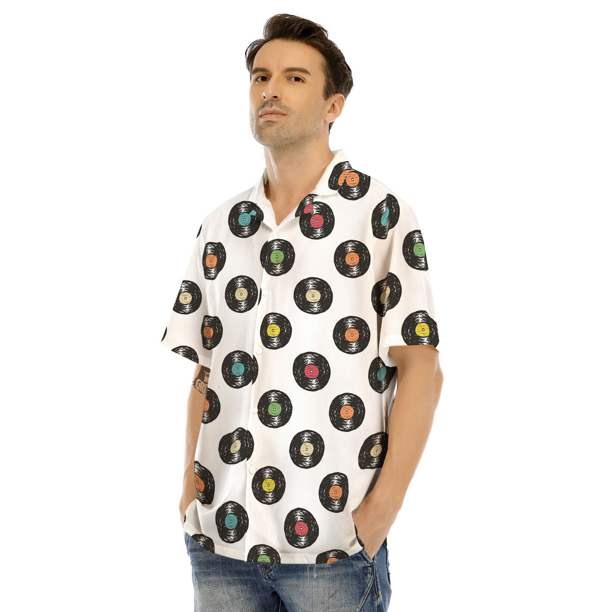 Vinyl Record Hand Drawn Print Pattern Men's Hawaiian Shirt-grizzshop