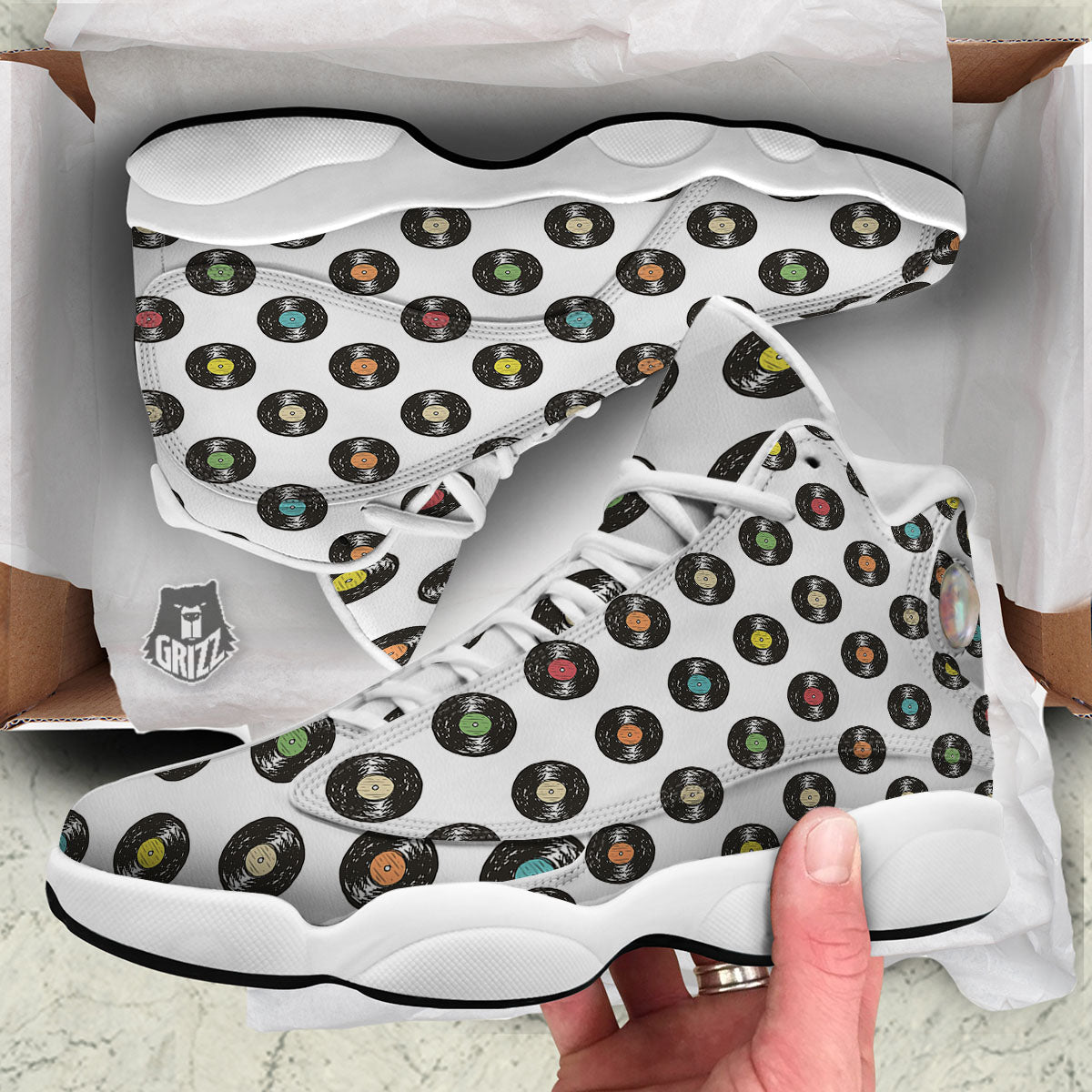 Vinyl Record Hand Drawn Print Pattern White Basketball Shoes-grizzshop