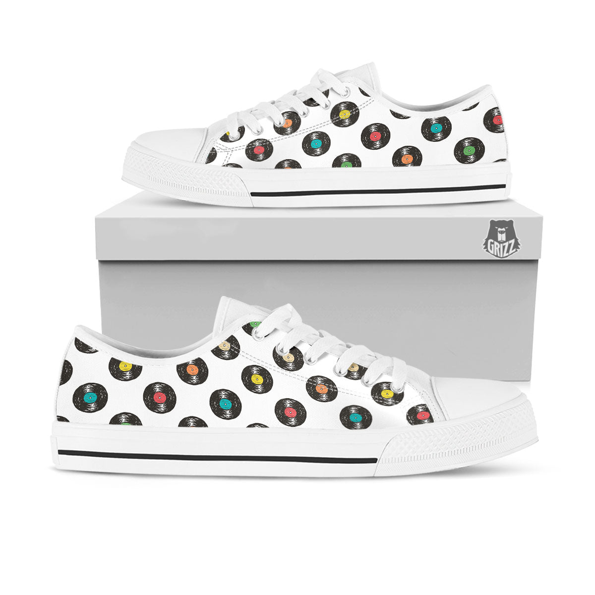 Vinyl Record Hand Drawn Print Pattern White Low Top Shoes-grizzshop