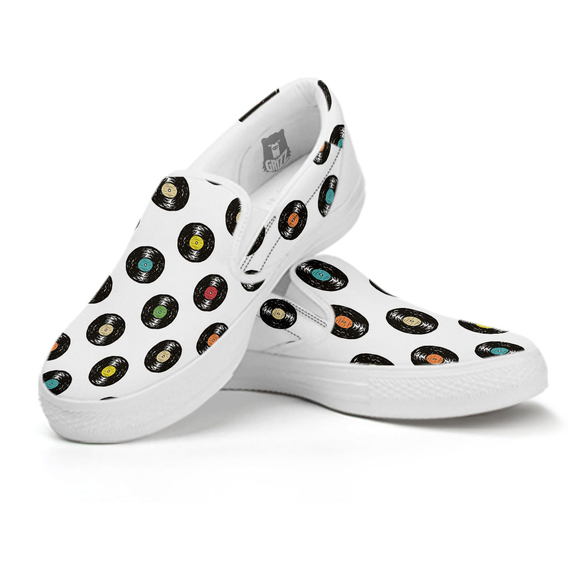 Vinyl Record Hand Drawn Print Pattern White Slip On Shoes-grizzshop