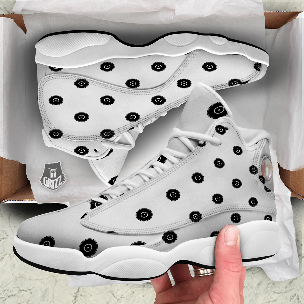 Vinyl White And Black Print Pattern White Basketball Shoes-grizzshop