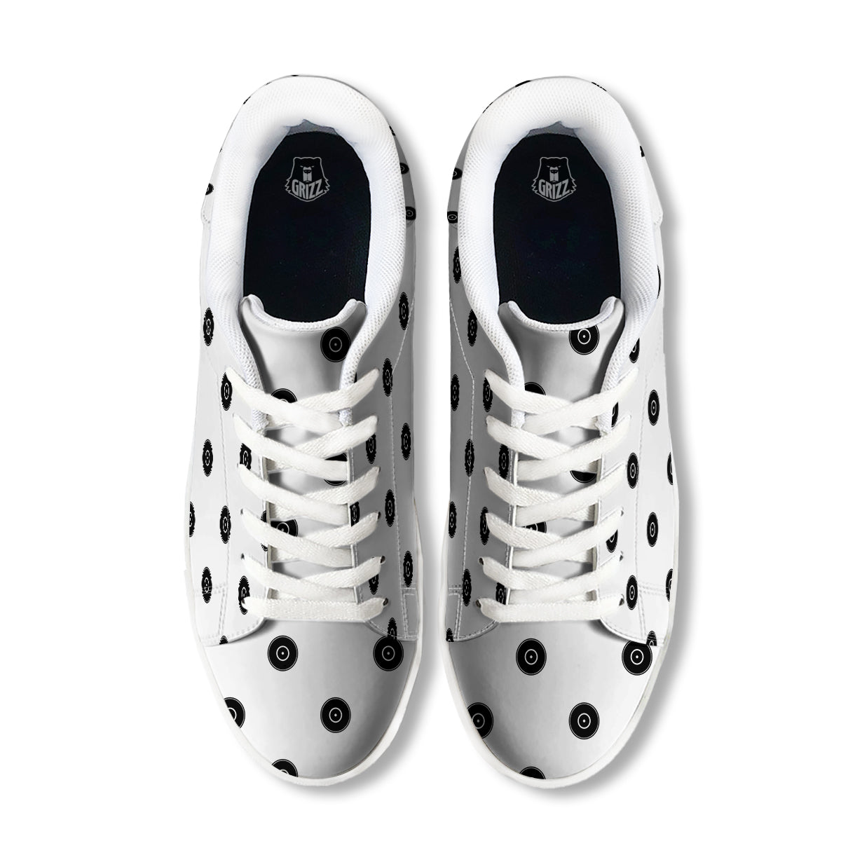Vinyl White And Black Print Pattern White Low Top Sneakers-grizzshop