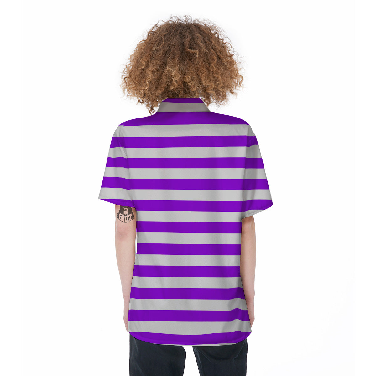 Violet Color Striped Print Women's Short Sleeve Shirts-grizzshop