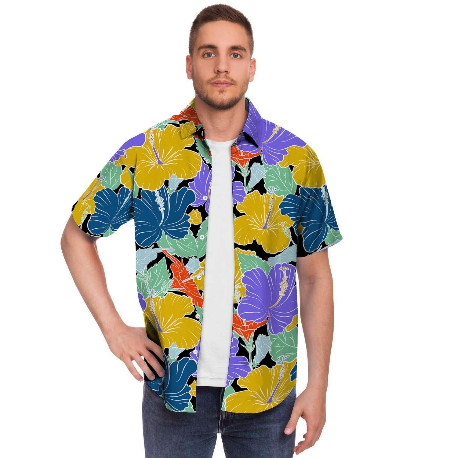 Violet Hibiscus Flower Hawaiian Print Men's Short Sleeve Shirt-grizzshop