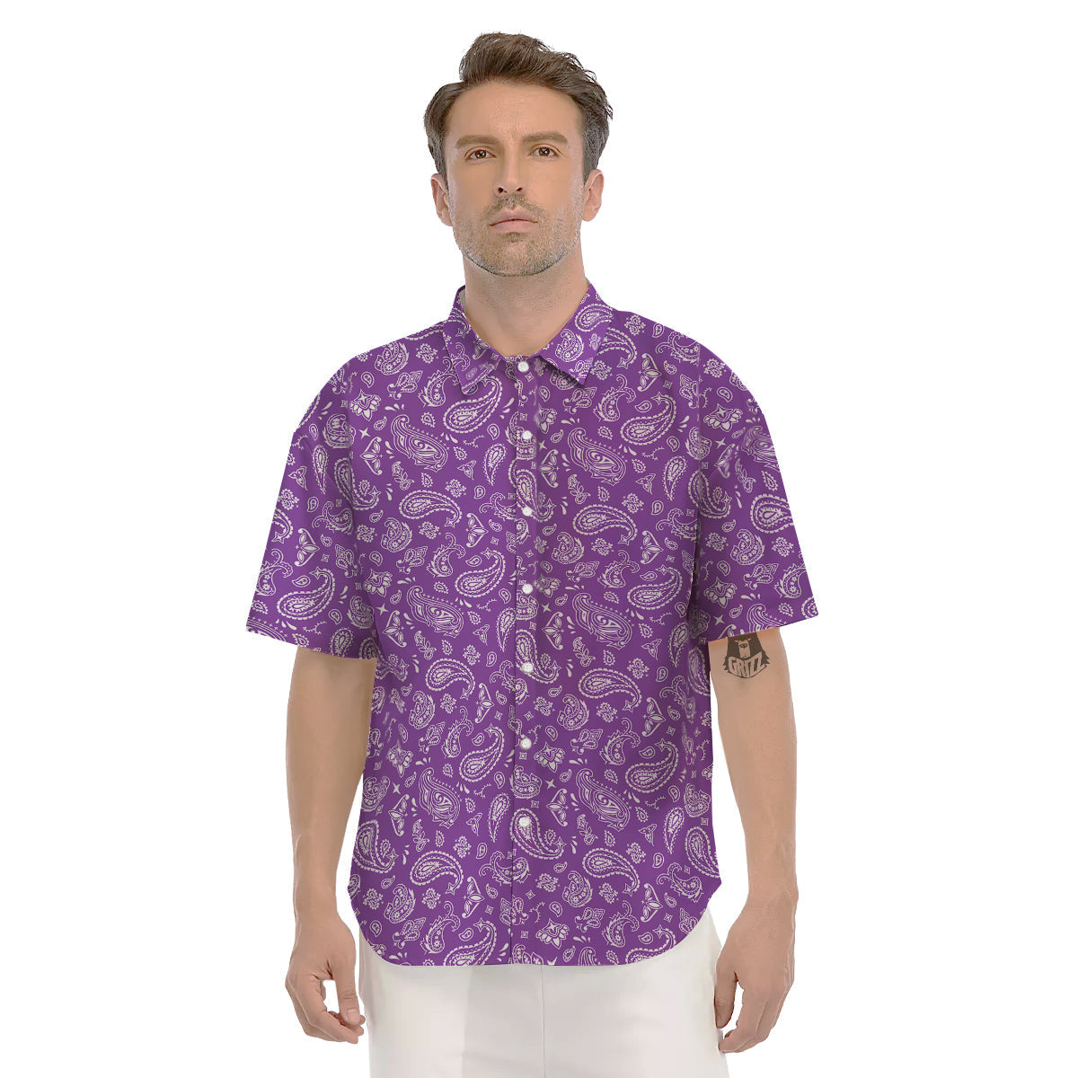 Violet Paisley Bandana Print Men's Short Sleeve Shirts-grizzshop