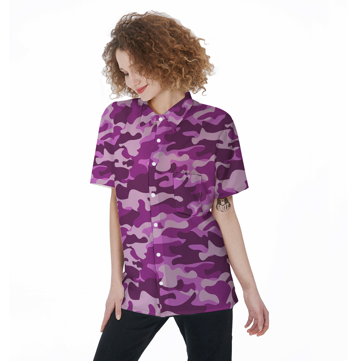 Violet Purple Camo And Camouflage Print Women's Short Sleeve Shirts-grizzshop