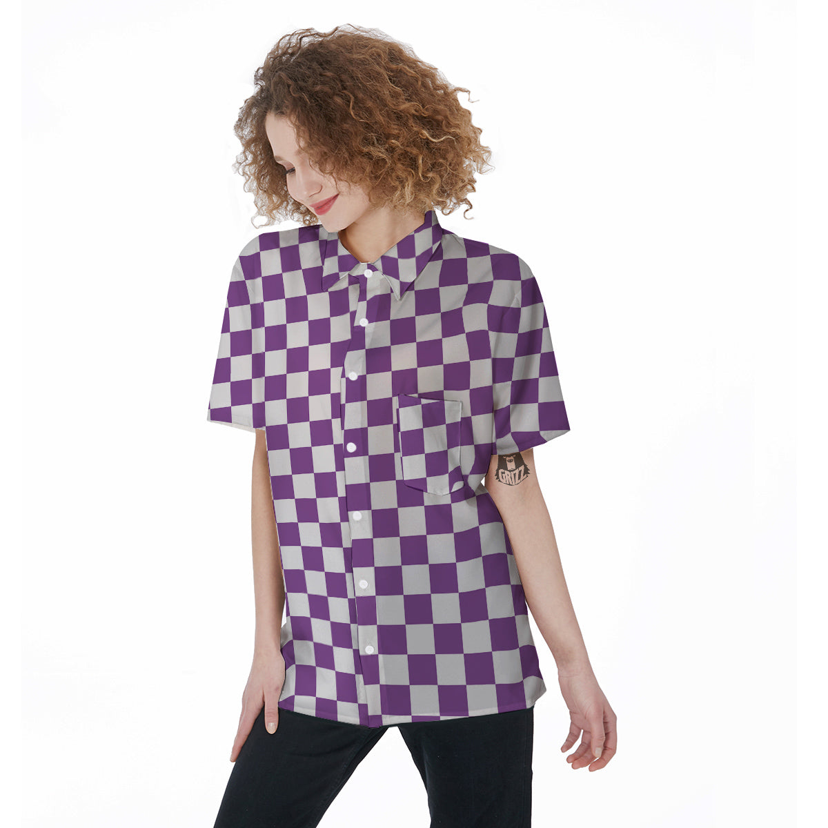 Violet Purple Checkered Flag Print Women's Short Sleeve Shirts-grizzshop