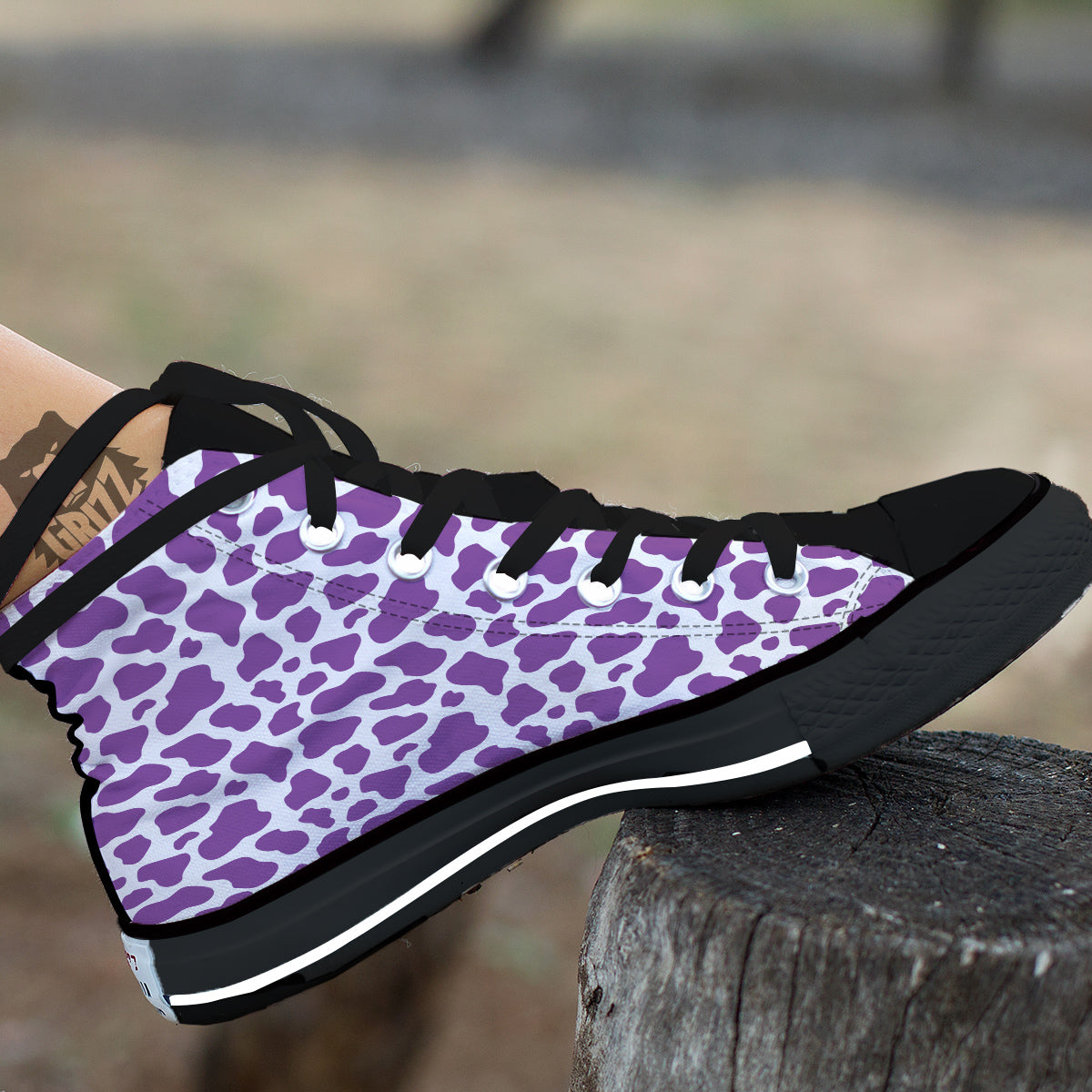 Violet Purple Cow Print Pattern Black High Top Shoes-grizzshop