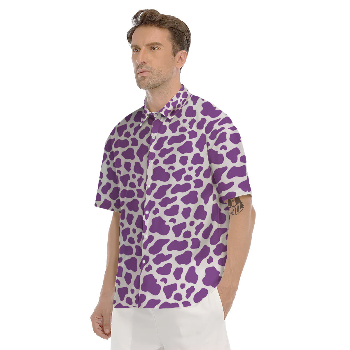Violet Purple Cow Print Pattern Men's Short Sleeve Shirts-grizzshop