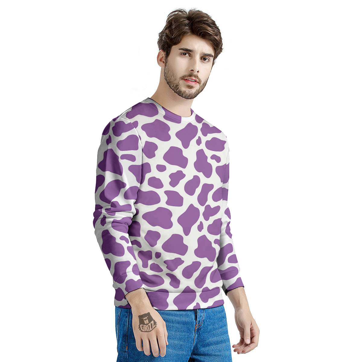 Violet Purple Cow Print Pattern Men's Sweatshirt-grizzshop