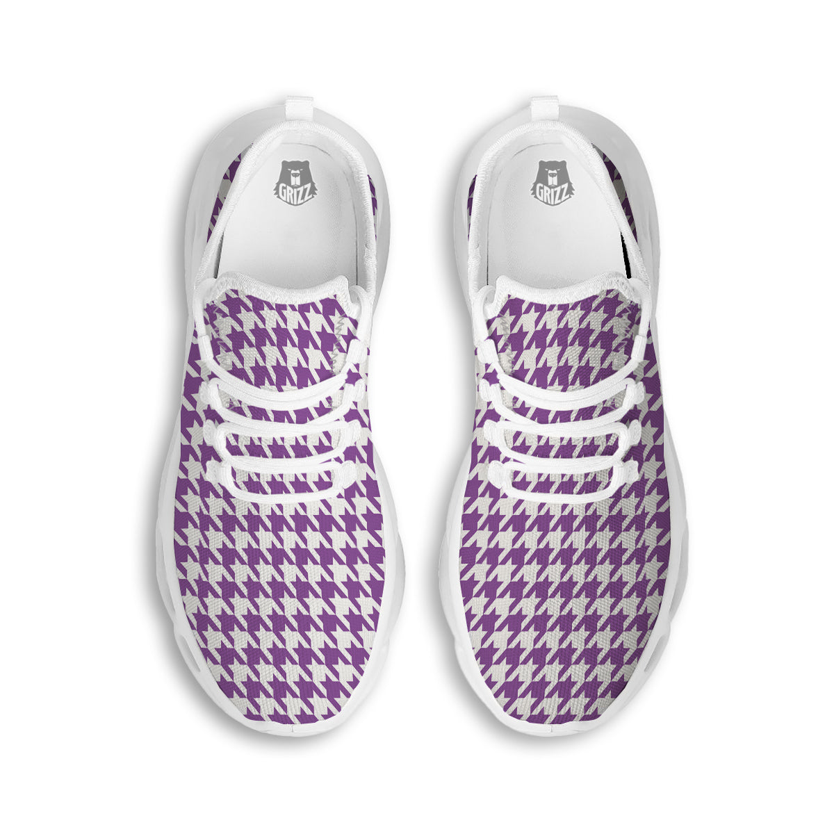 Violet Purple Houndstooth Print White Running Shoes-grizzshop
