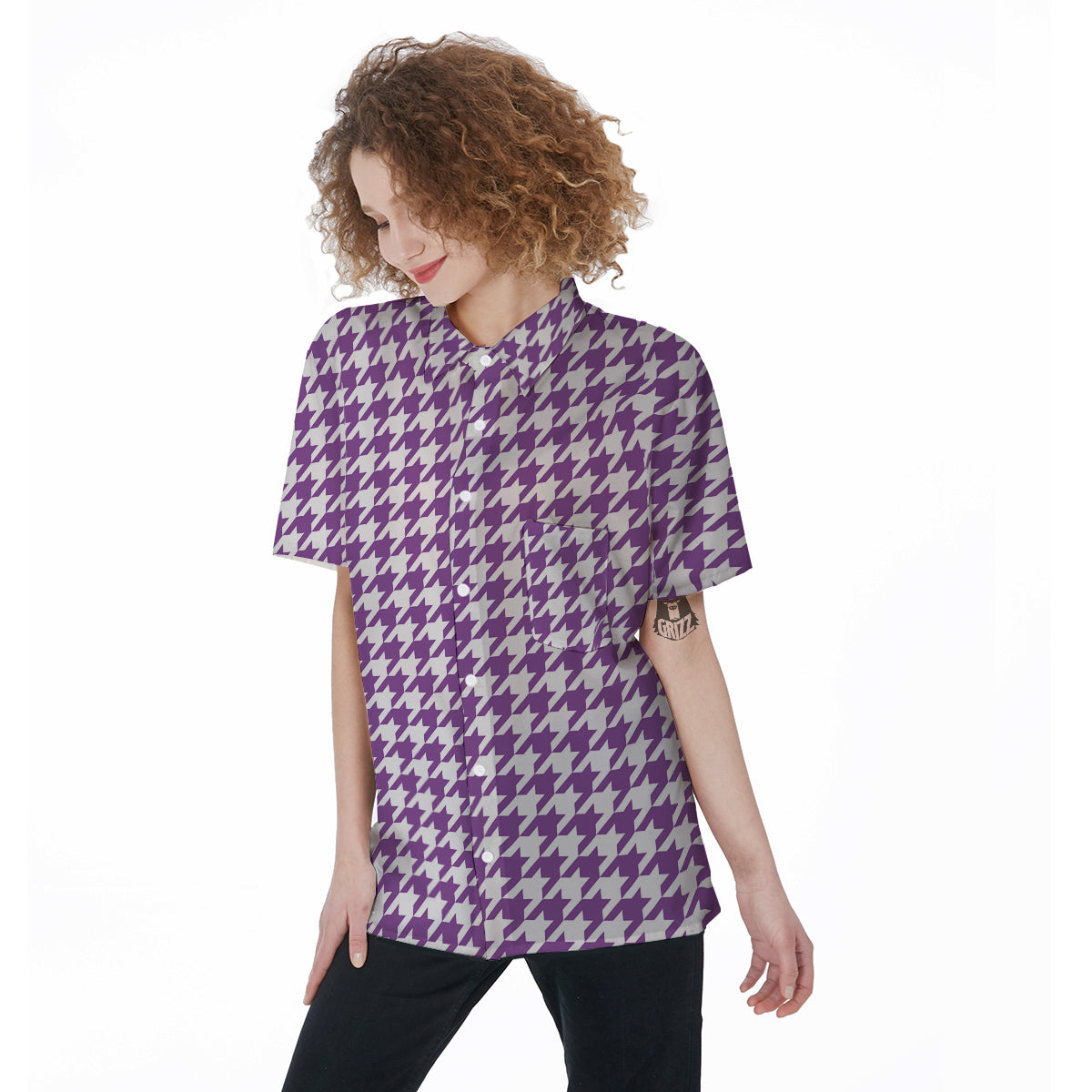 Violet Purple Houndstooth Print Women's Short Sleeve Shirts-grizzshop