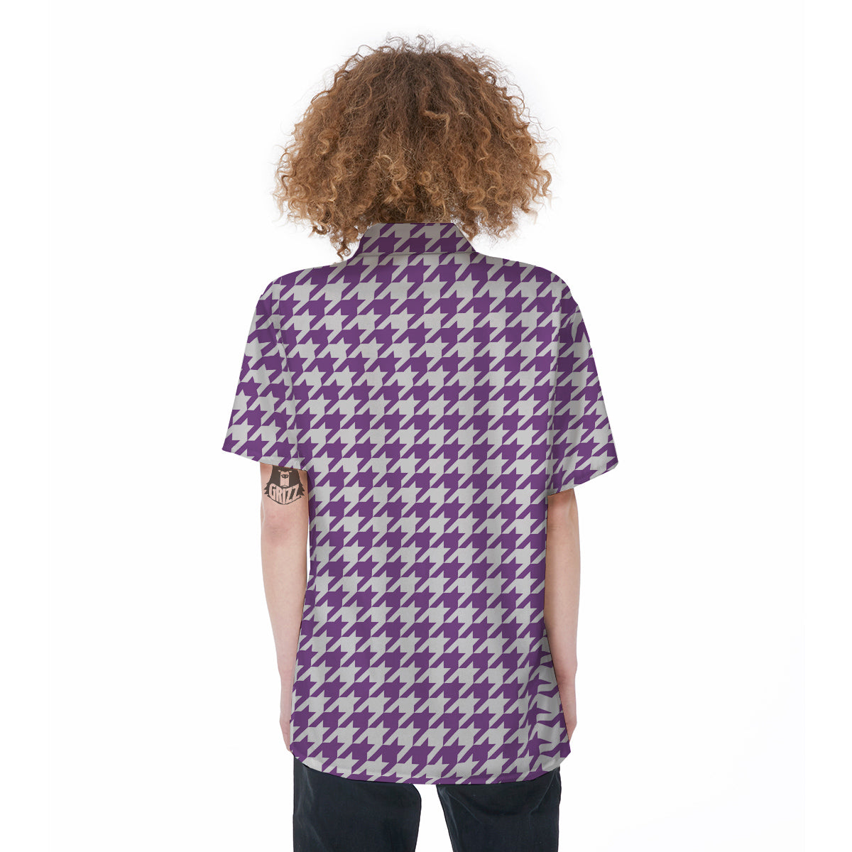 Violet Purple Houndstooth Print Women's Short Sleeve Shirts-grizzshop