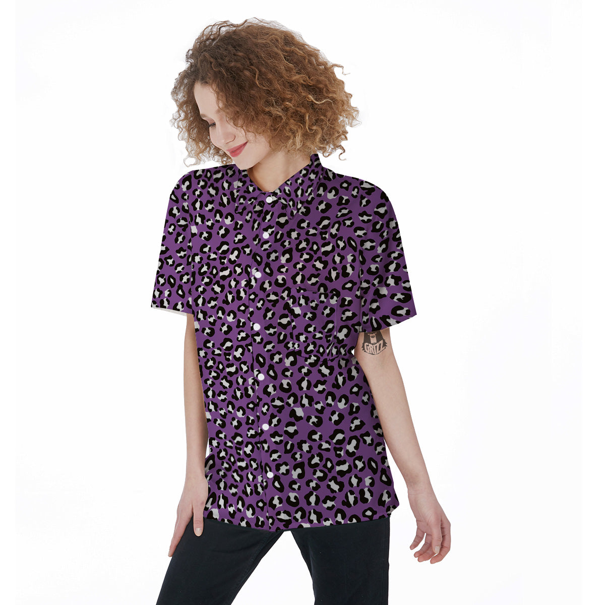 Violet Purple Leopard Print Pattern Women's Short Sleeve Shirts-grizzshop