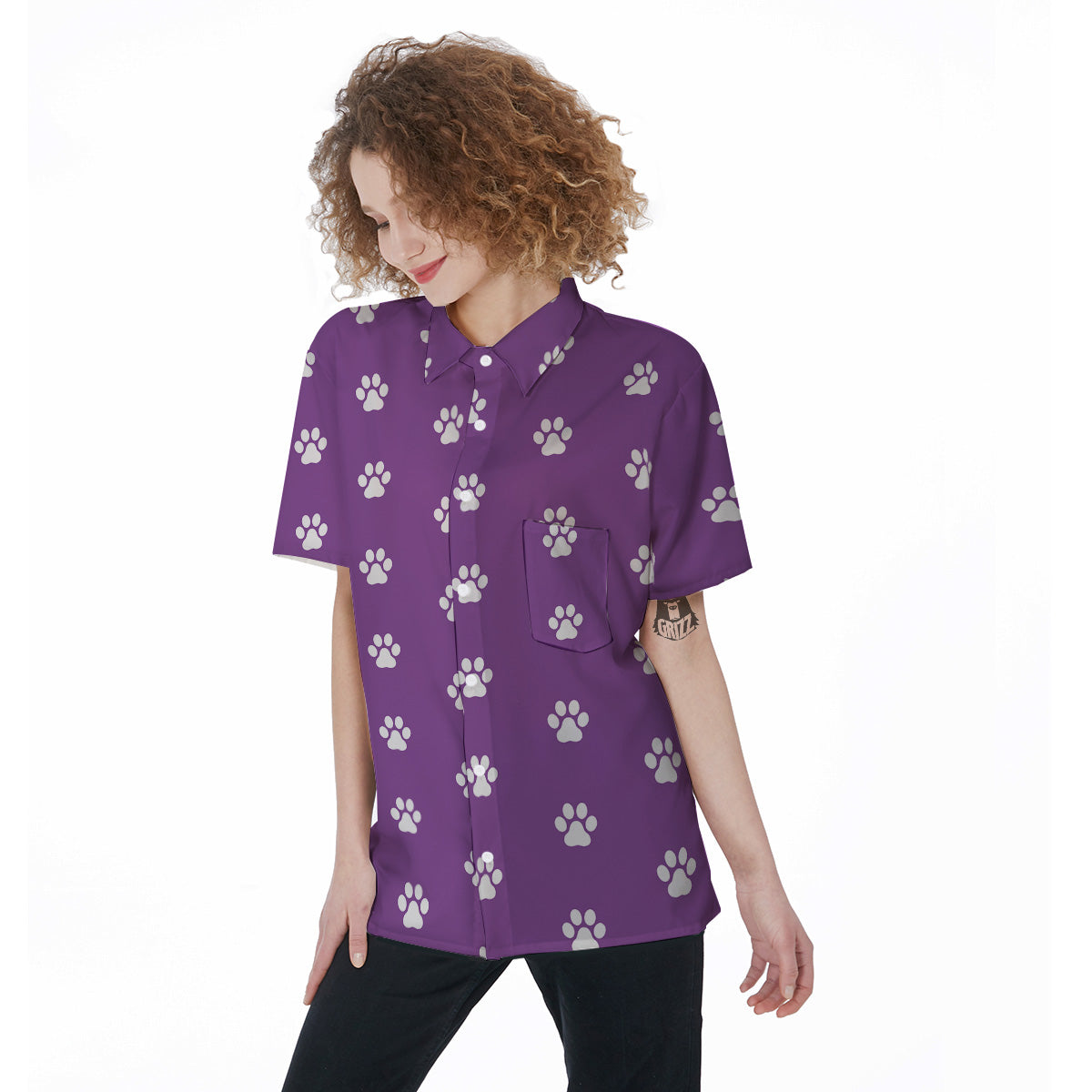 Violet Purple Paw Print Women's Short Sleeve Shirts-grizzshop
