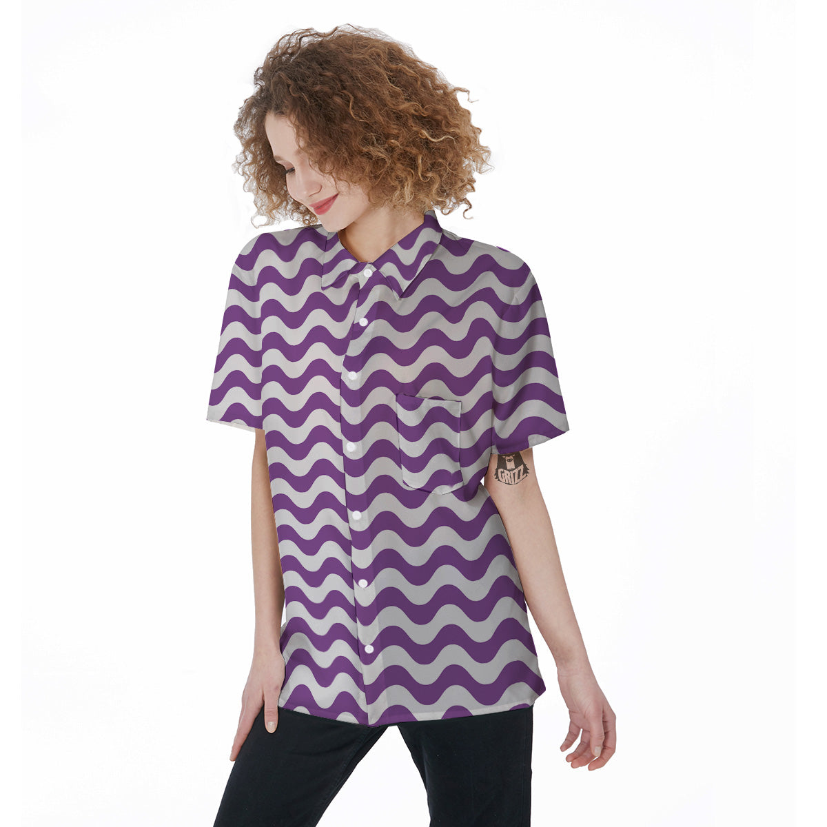 Violet Purple Wave Striped Print Women's Short Sleeve Shirts-grizzshop