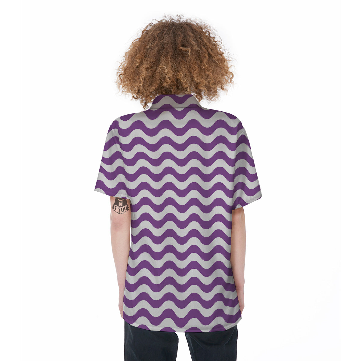 Violet Purple Wave Striped Print Women's Short Sleeve Shirts-grizzshop