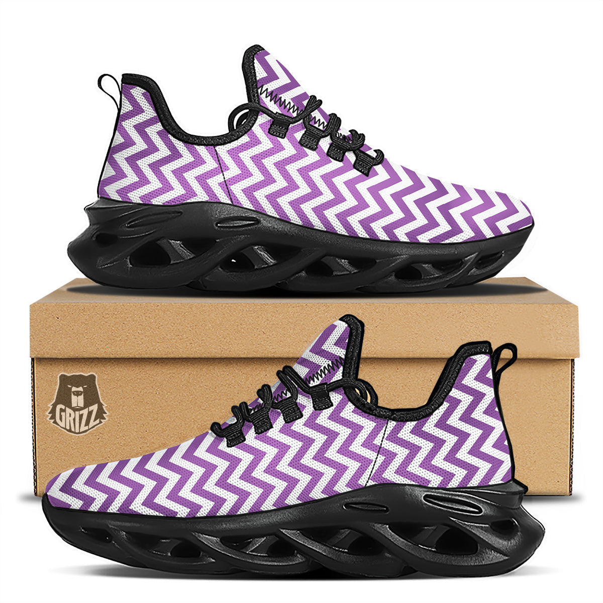 Violet Purple Zigzag Print Pattern Black Running Shoes-grizzshop